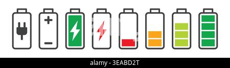 Ensemble d'icônes de batterie indiquant différents niveaux de charge, couleurs et états, y compris pleine, vide, charge et connexion à l'alimentation. Nettoyer un minimum de plat Li Illustration de Vecteur