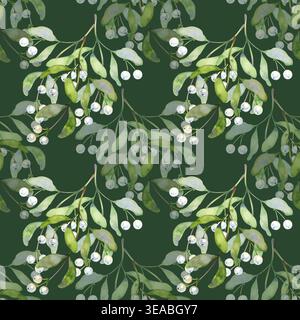 Aquarelle dessinée à la main motif sans couture de branches délicates de gui. Ce motif botanique festif présente des feuilles vertes douces et un blanc nacré Banque D'Images
