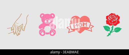 Main tendre tenant rose ours en peluche coeur maman et rose rouge pour la fête des mères et cadeaux Illustration de Vecteur