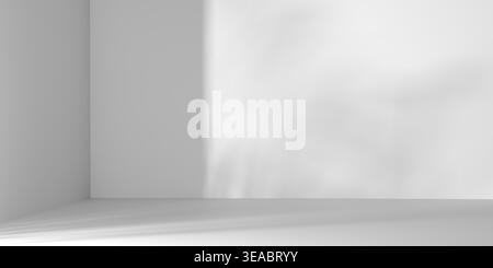 Fond de studio blanc minimaliste pour l'affichage de maquette de produit, coin de pièce blanc abstrait avec des ombres de feuilles naturelles douces, coin de pièce blanc abstrait avec esprit Banque D'Images