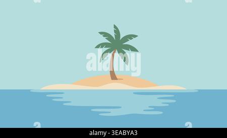 Un minuscule banc de sable en eau peu profonde tient un seul palmier sur un simple fond côtier. Illustration de Vecteur