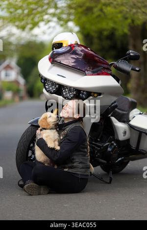 À USAGE ÉDITORIAL EXCLUSIF Kian, un Golden Retriever âgé de dix semaines, rencontre Emma Poole, motards Harley-Davidson, à Kidderminster, alors que l'association caritative Guide Dogs appelle davantage de motards à se porter volontaires pour élever des chiots. Date d'émission : mercredi 22 avril 2026. Banque D'Images