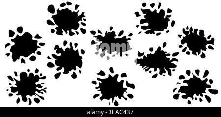 Grande collection d'éclaboussures d'encre noire, de gouttes de peinture et de blobs liquides. Ensemble de silhouettes de taches grunge sur blanc. Illustration vectorielle. Illustration de Vecteur
