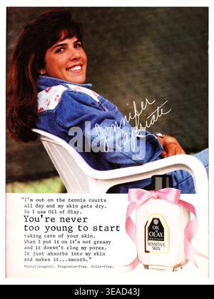 Publicité de produits de soins de la peau Olay 1991 mettant en vedette la joueuse de tennis professionnelle Jennifer Capriati, « vous n'êtes jamais trop jeune pour commencer » Banque D'Images