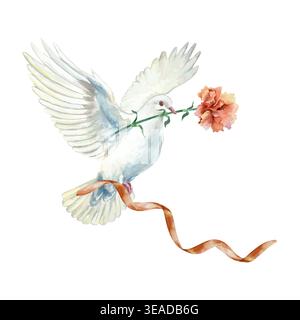 Colombe blanche avec un œillet rouge dans son bec et un ruban de satin. Illustration d'aquarelle vectorielle dessinée à la main d'un oiseau et d'une fleur pour la conception de carte pour mot Illustration de Vecteur