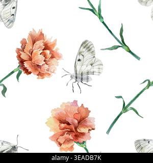 Œillets rouges et papillons sans couture. Illustration d'aquarelle vectorielle dessinée à la main de fleurs. Convient pour textile, papier d'emballage et wallpa Illustration de Vecteur