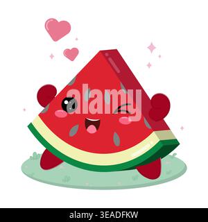 Illustration d'Une mignonne et heureuse tranche de fruit de pastèque de dessin animé Illustration de Vecteur