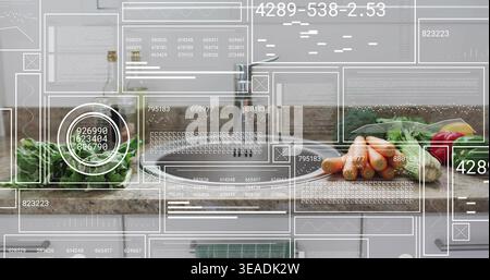 Affichage de planche à découper avec des carottes et des verts sur le comptoir de granit, Ar superposition annotant la scène Banque D'Images