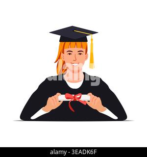 Diplômé célébrant la réalisation avec le diplôme en main, portant casquette et robe, sur le vecteur de fond blanc Illustration de Vecteur