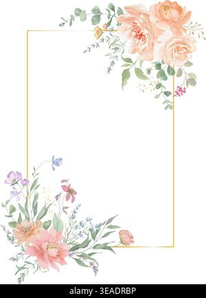 Cadre aquarelle avec roses pêche, fleurs de lavande et feuilles d'eucalyptus. Bordure florale botanique pour papeterie de mariage, cartes de voeux. Vecteur EPS. Illustration de Vecteur