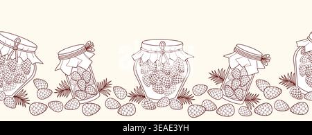 Contour de la bordure sans couture avec des pots Pine Cone Jam sur fond blanc. Ruban avec bouteilles en verre Mugolio avec sirop de forêt. Botanic horizontal Washi T Illustration de Vecteur