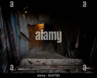 Escalier en pierre sombre menant à une porte de cave dans la vieille ville de Tallinn, Estonie, avec une lumière chaude et des murs calcaires Banque D'Images