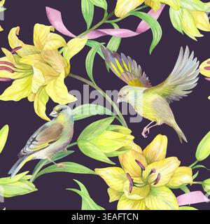 Motif sans couture des lis jaunes avec ruban rose et oiseaux sur un fond violet. Illustration d'aquarelle faite à la main. Pour la conception d'emballage, cartes Banque D'Images