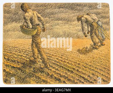 Ivan Žabota (1878-1939) - dans le champ - 1895-1915 - représente des ouvriers agricoles semant des semences et travaillant la terre. Ce dessin est souvent comparé à la série Sower de Vincent van Gogh, qui a également fréquemment exploré les thèmes du travail agricole et utilisé des traits de plume audacieux et directionnels. Les deux artistes ont été influencés par Jean-François Millet, dont la peinture originale de 1850 représentant un semoir est devenue un symbole fondamental de la dignité rurale au XIXe siècle Banque D'Images