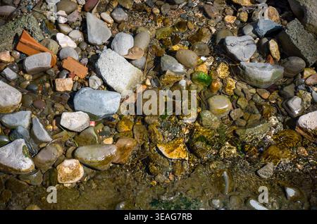Pierres colorées et rochers dans l'eau peu profonde de la rivière Banque D'Images
