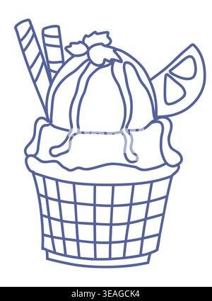 Crème glacée sundae dans l'illustration de la ligne de tasse de gaufre. Illustration de Vecteur