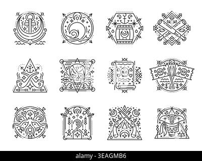 Pirate de corsaire ésotérique sacré et symboles nautiques avec des signes célestes, icônes de ligne vectorielle. Symboles ésotériques de géométrie sacrée pirate de l'ancre de navire corsaire dans la vague de l'océan, drapeau de crâne de Jolly Roger Illustration de Vecteur