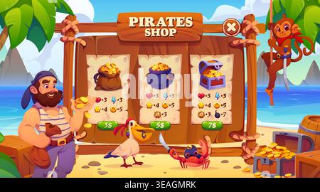 Interface de jeu de pirate, vitrine en bois avec corsaire des Caraïbes drôle, singe de dessin animé, pélican et personnages de crabe sur la plage de l'île tropicale avec palmier. Actifs de menu de jeu vectoriel de fantasy d'aventure de mer Illustration de Vecteur