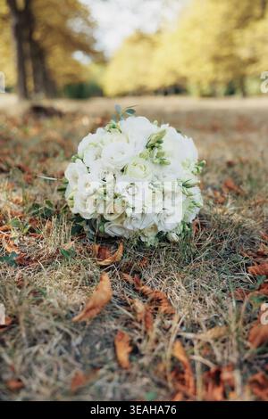 Bouquet de mariée reposant sur l'herbe d'automne parmi les feuilles tombées, les roses blanches contrastent avec les tons bruns chauds du plancher du parc Vibe rustique naturel, saisonnier Banque D'Images