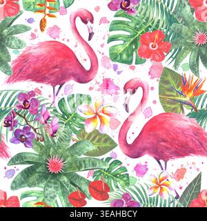 Motif aquarelle tropicale sans couture avec flamants roses, hibiscus, orchidées et feuilles de jungle luxuriantes. Design exotique vibrant avec des éclaboussures douces, parfait Banque D'Images