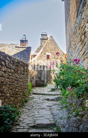 Une vue éditoriale détaillée sous angle bas d'une ruelle pavée étroite et abrupte dans le village médiéval de Beynac-et-Cazenac. Maisons historiques en pierre avec tradi Banque D'Images