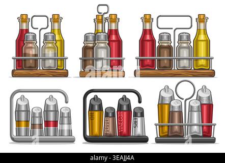 Ensemble de condiments vectoriels, collection de bouteilles en argent avec de l'huile jaune et du vinaigre de vin, différents salières et poivrons classiques, illustrations de vario Illustration de Vecteur