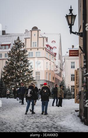 Tallinn, Estonie - 03 janvier 2025 : vue sur les rues enneigées où les gens serpentent devant un arbre de Noël illuminé près des bâtiments historiques. Banque D'Images