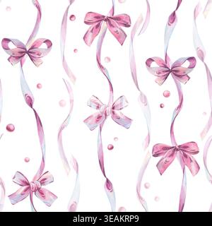 Motif aquarelle sans couture avec des noeuds et des rubans en soie rose. Jolie illustration décorative dessinée à la main avec des accessoires festifs pour l'emballage cadeau Banque D'Images