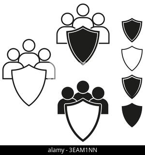 Ensemble vectoriel d'icônes en noir et blanc représentant un groupe de personnes protégées par un bouclier, symbolisant la protection et la sécurité collectives. SPE 10. Illustration de Vecteur
