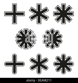 Une collection Vector de divers symboles signe plus et astérisque, avec des motifs de bords pointus, arrondis et ondulés pour une utilisation polyvalente. Illustration de Vecteur