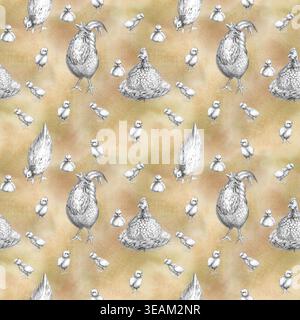 Un motif de crayon sans couture avec un coq, des poules et des poussins sur un fond beige. Cette illustration est adaptée à une utilisation dans l'élevage, l'agriculture Banque D'Images