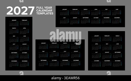Modèles de mise en page de calendrier professionnel 2027 avec différentes mises en page sur un fond sombre. Cette collection de calendriers 2027 comprend vertical et horizontal Illustration de Vecteur