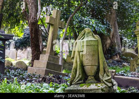 Urne couverte de mousse et croix au cimetière de Highgate à Londres Banque D'Images