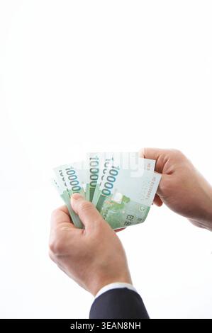 Une personne tenant une grande quantité d'argent liquide dans sa main. Banque D'Images