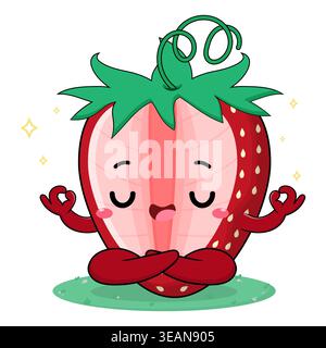Mignons et adorables personnages colorés Red Strawberry fruit Cartoon posent Yoga et méditation pour la paix Mindfulness illustration de relaxation Illustration de Vecteur