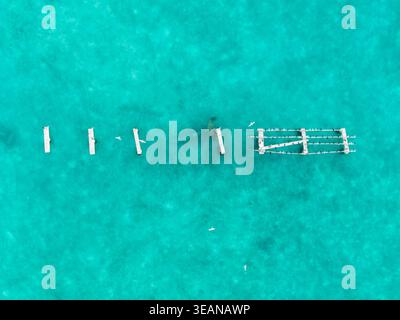 Vue aérienne de pylônes altérés marchant dans la mer turquoise, leurs formes blanches et frappantes contrastant avec l'étendue aqueuse, Hoarafushi, Thiladhun Banque D'Images
