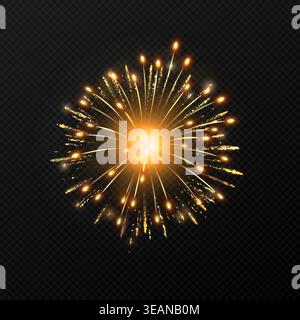 Feu d'artifice doré lumineux éclate des étincelles rayonnantes sur un fond transparent sombre, transmettant la célébration, la fête, l'excitation et l'énergie pour les vacances, Illustration de Vecteur
