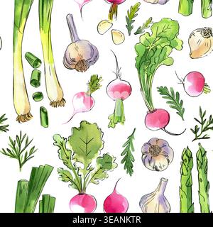 Motifs épices et verts. Esquisse d'aquarelle. Ligne de contour des légumes. Produits agricoles Banque D'Images