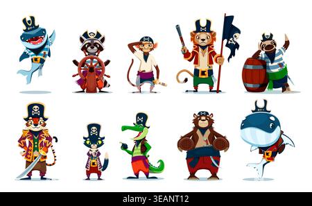 Pirate animal de dessin animé et personnages vectoriels corsaire. Requin marin, barreur de raton laveur, crocodile bateau et pirate capitaine animal tigre. Baleine, lion et chat marin, artilleur d'ours et garçon de cabane de singe Illustration de Vecteur