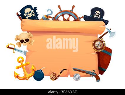Bannière pirate vintage avec un vieux parchemin entouré d'attributs pirates. Bannière vectorielle avec drapeau Jolly Roger, roue de navire, crâne et os croisés. Bannière pirate pour les invitations de fête Illustration de Vecteur