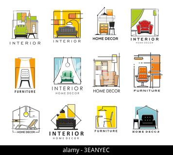 Intérieur de maison, décoration et icônes de meubles avec fauteuils vectoriels, canapé, lampadaires et étagères, armoires, lits, chaises longues confortables, tiroirs ou tables. Ensemble d'icônes de design intérieur de chambre de maison moderne Illustration de Vecteur