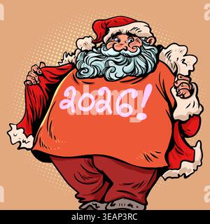 Père Noël dans un T-shirt 2026. Le Père Noël célèbre le nouvel an à venir. Offres spéciales pour les clients pendant les vacances. Illustration de Vecteur