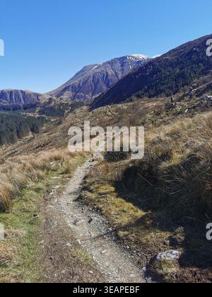 Soleil printanier sur la dernière étape de West Highland Way avec une vue imprenable sur Ben Nevis tandis que le sentier se dirige vers Fort William. Banque D'Images