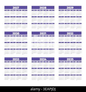 Ensemble d'illustration vectorielle de calendriers annuels de 2027 à 2035 disposés en grille, design minimaliste propre adapté à la planification, à la planification, au busi Illustration de Vecteur