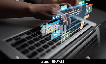 Développement logiciel avec superpositions de codage, langages de programmation, outils de développement, création d'applications mobiles et programmation avancée pour produits numériques Banque D'Images
