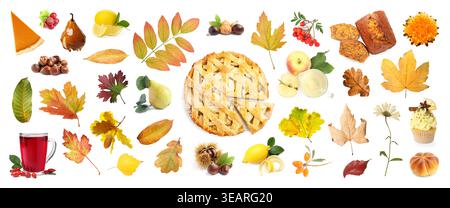 Collage d'ambiance d'automne avec des desserts de saison et des feuilles sur fond blanc Banque D'Images