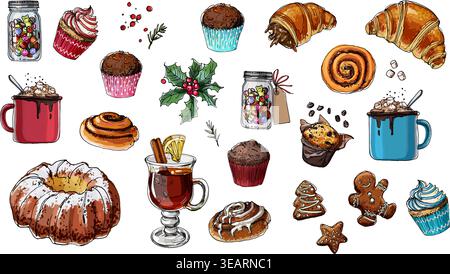 L'hiver boit repas squelette sur un fond blanc. Nourriture de Noël, vin chaud, petits pains, houx. Boisson et bonbons. Tasse de café vue de dessus, petit pain, assiette. Illustration de Vecteur