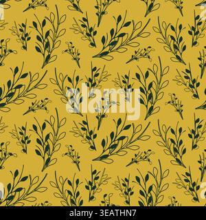 Des éléments botaniques vert foncé dispersés avec des feuilles pleines et de contour créent un motif décoratif sans couture. Le fond jaune doré vif ajoute de la chaleur à ce design naturel. Illustration de Vecteur