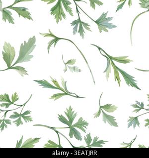 Motif aquarelle sans couture avec ranoncule vert délicat, feuilles de pivoines et feuillage botanique sur fond blanc, parfait pour les conceptions de mariage organiques et les textiles naturels, le tissu, l'intérieur Banque D'Images