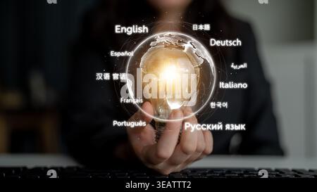 La communication mondiale prospère grâce à des outils multilingues, des messages interculturels et des plateformes numériques pour l'échange linguistique dans le monde entier. Loquet Banque D'Images